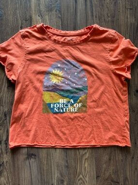 Anthropologie womens Orange Graphic Tee with Multicolor Nature Print